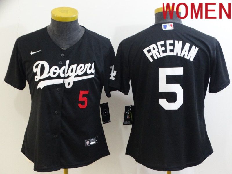 Women Los Angeles Dodgers 5 Freddie Freeman Black Nike 2022 MLB Jersey